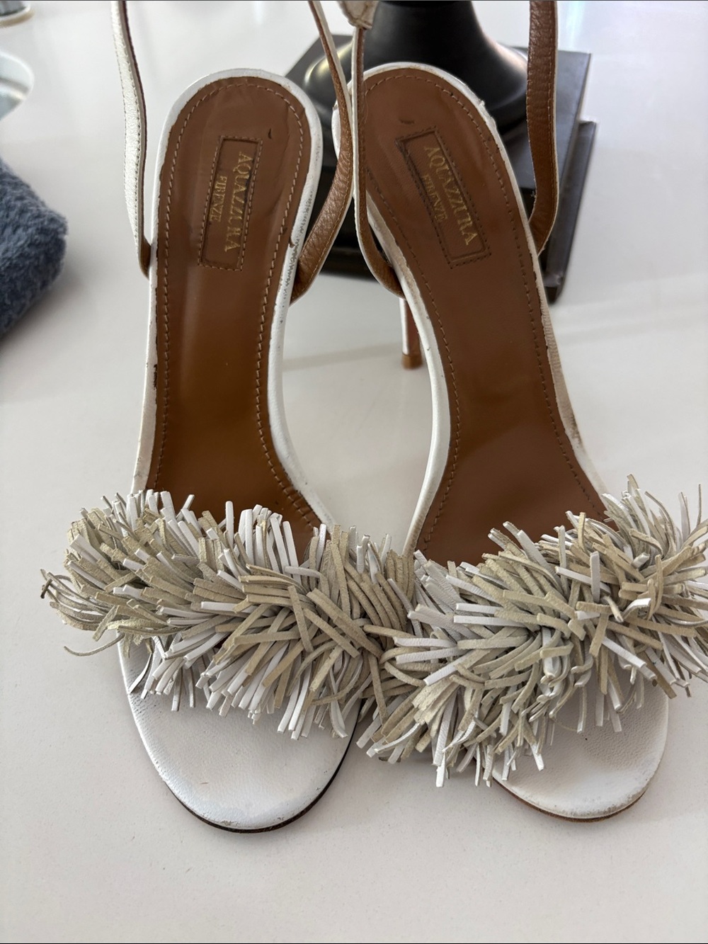 Aquazzura White Fringe Slingback Sandals